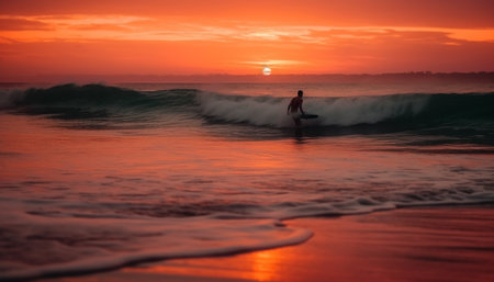 One person surfing on a wave at dusk, backlit generated by artificial intelligenceの素材