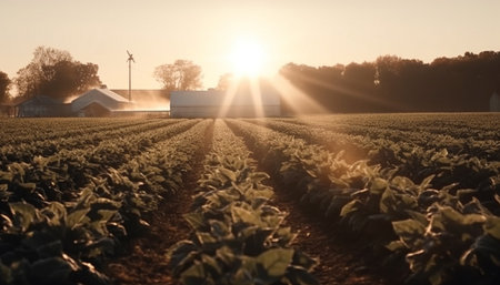 Tranquil sunset over rural landscape, wind turbines harnessing nature power generated by artificial intelligenceの素材