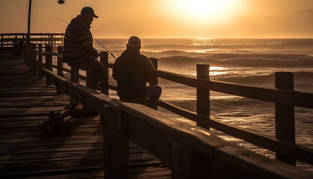 Silhouette of couple sitting on jetty, enjoying sunset over water generated by artificial intelligenceの素材
