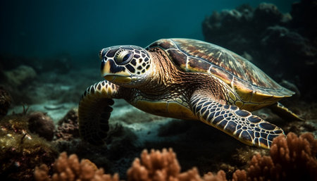 A Hawksbill turtle swims in the tranquil, multi-colored reef generated by artificial intelligenceの素材