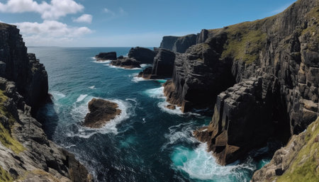 Majestic cliff coastline, eroded rock formation, beauty in nature seascape generated by artificial intelligenceの素材