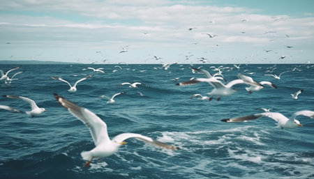 Seagulls flying high over blue water, freedom in nature generated by artificial intelligenceの素材