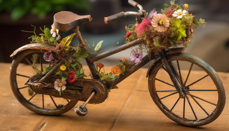 Rustic bicycle with flower basket, old fashioned mode of transport generated by artificial intelligenceの素材