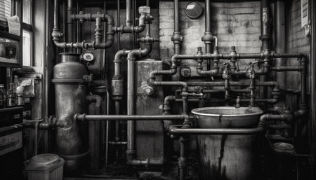 Industrial machinery in a black and white factory refinery generated by artificial intelligenceの素材