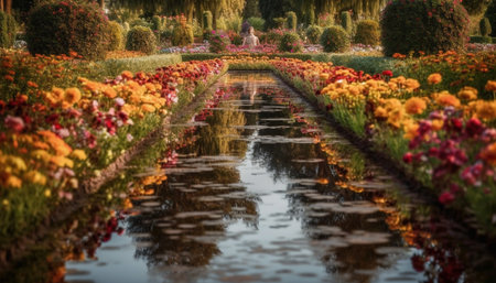 Vibrant tulip blossom in a row, reflecting in tranquil pond generated by artificial intelligenceの素材