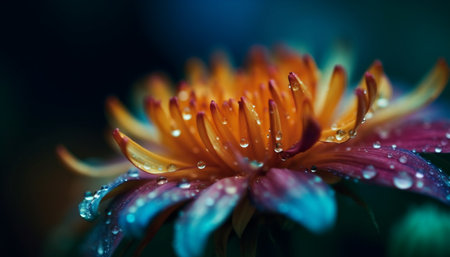 Vibrant gerbera daisy in soft focus, dew drops glisten generated by artificial intelligenceの素材