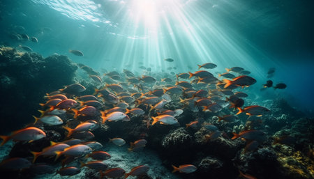 School of multi colored fish swim in tranquil underwater seascape generated by artificial intelligenceの素材