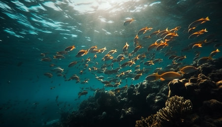Colorful school of fish swim in tropical reef below blue water generated by artificial intelligenceの素材
