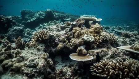 Colorful sea life thrives in the tropical underwater reef landscape generated by artificial intelligenceの素材
