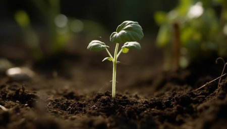 Fresh green seedling blossoms into new life in wet soil generated by artificial intelligenceの素材