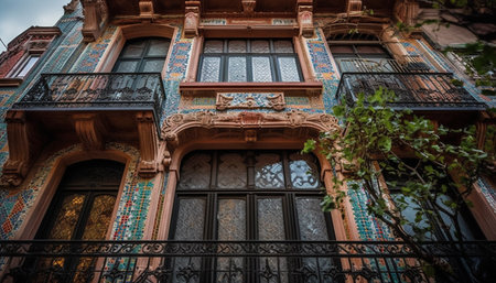 Old fashioned balcony ornate with lanterns overlooks historic cityscape at night generated by artificial intelligenceの素材