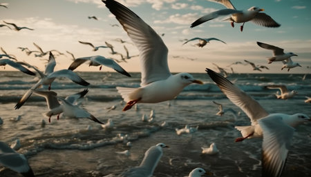 Seagulls flying free in nature blue heaven, near tranquil coastline generated by artificial intelligenceの素材