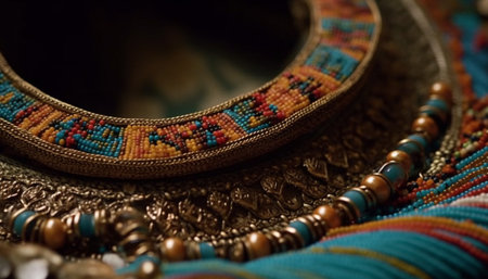 Indigenous elegance woven bracelet showcases tradition and beauty in extreme close up generated by artificial intelligenceの素材