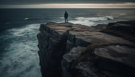 One man standing on cliff, watching sunset over mountain peak generated by artificial intelligenceの素材