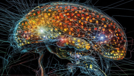 Glowing abstract human brain illustration with futuristic technology and anatomy generated by artificial intelligenceの素材