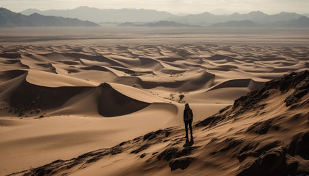 One person walking in the rippled sand dunes of Africa generated by artificial intelligenceの素材