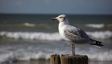 Seagull standing on waters edge, feathered beauty in tranquil scene generated by artificial intelligenceの素材