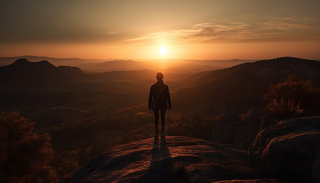 Standing silhouette, backpack on cliff, success in extreme sports adventure generated by artificial intelligenceの素材