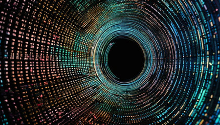 A vibrant, multi colored abstract circle igniting a futuristic vortex generated by artificial intelligenceの素材