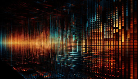 Futuristic technology illuminates abstract multi colored shapes exploding in space generated by artificial intelligenceの素材