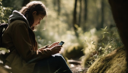 Young adult sitting outdoors in forest, holding smart phone, texting generated by artificial intelligenceの素材