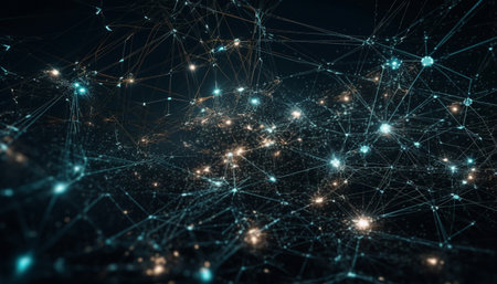 Abstract futuristic backdrop with glowing geometric shapes and striped wire connection generated by artificial intelligenceの素材