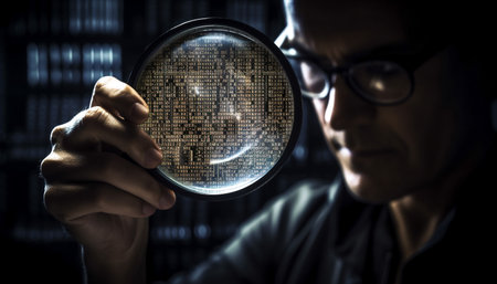 Businessman analyzing data with magnifying glass and eyeglasses indoors generated by artificial intelligenceの素材