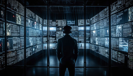 Young businessman standing in futuristic skyscraper, holding computer, looking out window generated by artificial intelligenceの素材