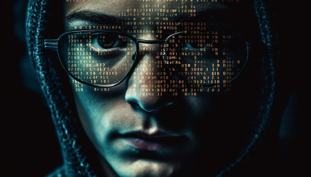 Serious young adult hacker looking at blue binary code abstract generated by artificial intelligenceの素材