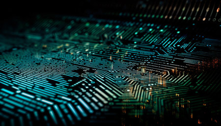 Abstract computer circuit board pattern glows with futuristic complexity generated by artificial intelligenceの素材