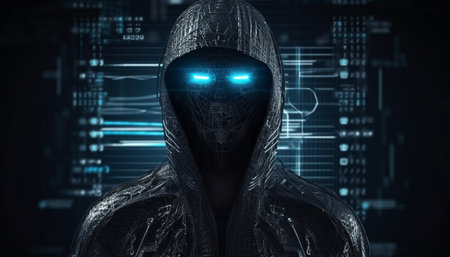 Futuristic cyborg thief hacks security system with computer software generated by artificial intelligenceの素材
