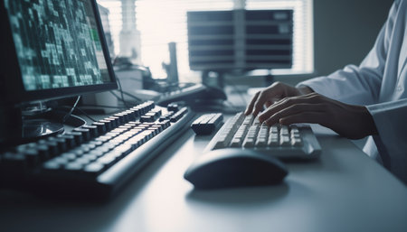 Busy businessman typing emails on computer at dark office desk generated by artificial intelligenceの素材
