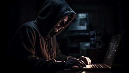 One man, typing on laptop, back lit in dark room generated by artificial intelligenceの素材
