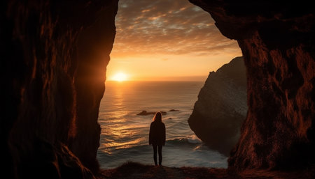 Silhouette of one person standing on cliff at sunset generated by artificial intelligenceの素材