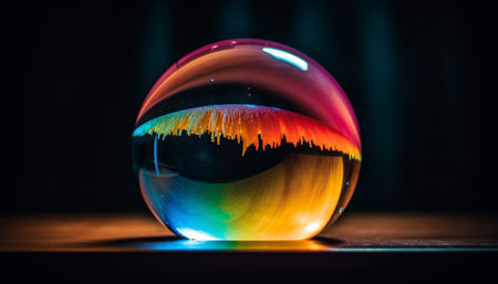Vibrant colors illuminate abstract sphere on black background outdoors generated by artificial intelligenceの素材
