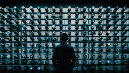 Successful businessman holding equipment, standing in a row with colleagues generated by artificial intelligenceの素材