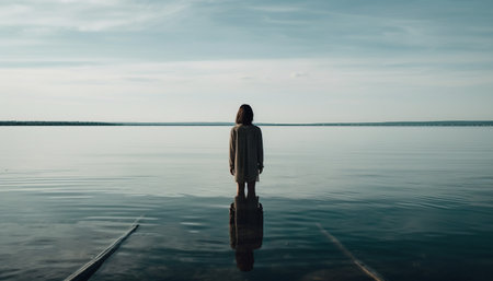 One woman standing outdoors, reflecting on tranquil water scenery generated by artificial intelligenceの素材