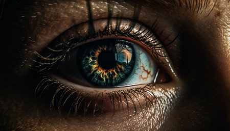 One person staring with a close up of their blue eye generated by artificial intelligenceの素材