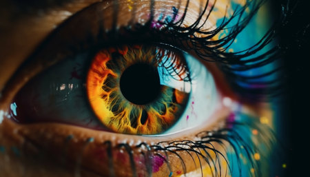 Vibrant colored iris staring, extreme close up of green eyes generated by artificial intelligenceの素材