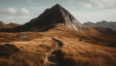 Tranquil mountain meadow, majestic peak, panoramic landscape, hiking adventure generated by artificial intelligenceの素材