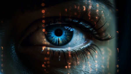 Close up of young adult woman blue iris staring at camera generated by artificial intelligenceの素材