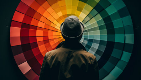 Silhouette of young adult athlete standing in vibrant colored circle generated by artificial intelligenceの素材