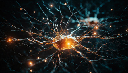Glowing blue neural axon connection in futuristic molecular structure design generated by artificial intelligenceの素材