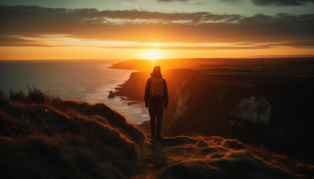 One person standing on cliff, back lit by sunrise generated by artificial intelligenceの素材