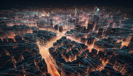 Glowing skyscraper backdrop illuminates futuristic cityscape in vibrant chaos generated by artificial intelligenceの素材