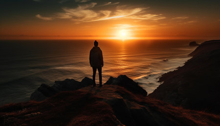 Silhouette of one person standing on cliff, admiring serene nature generated by artificial intelligenceの素材