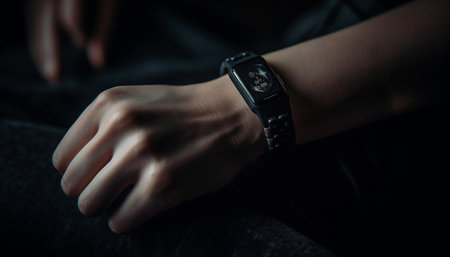 Young adult holding black wristwatch, sitting in casual clothing generated by artificial intelligenceの素材
