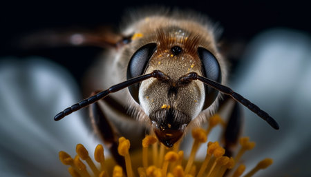 Small bee pollinates yellow flower, wings and antenna in focus generated by artificial intelligenceの素材