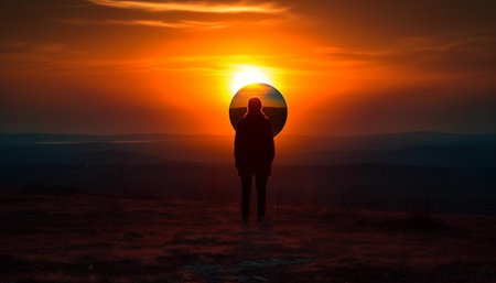 One person standing on mountain peak, back lit by sunrise generated by artificial intelligenceの素材