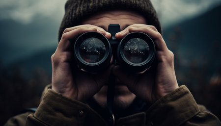 Caucasian man holding camera, exploring nature, searching for adventure generated by artificial intelligenceの素材